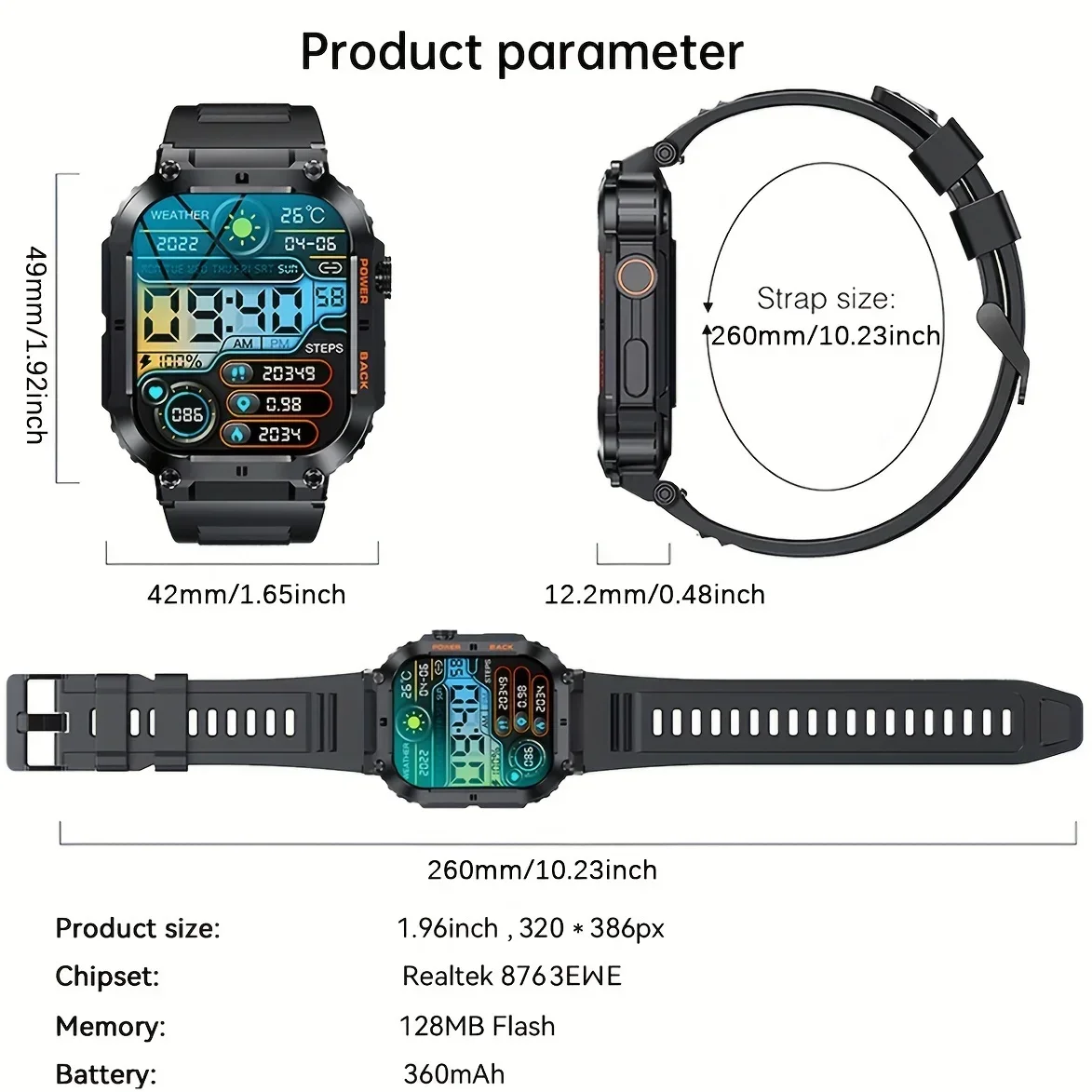 Reloj inteligente IP53 impermeable, llamada inalámbrica, monitoreo de música, presión arterial/oxígeno en sangre, tiempo de sueño, múltiples modos