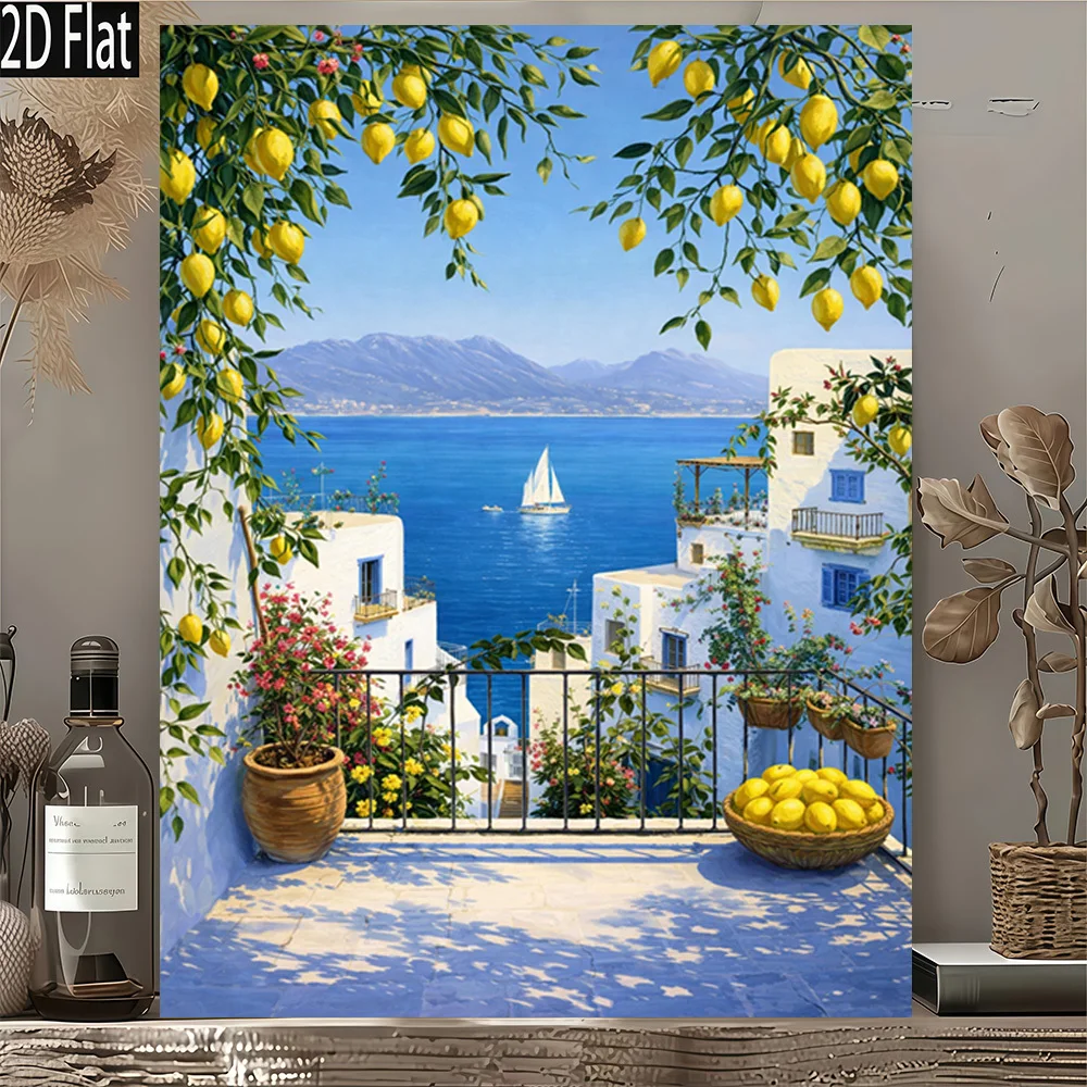 Lemon Grove Seascape Modern Retro Frameless Canvas Wall Art, Poster for Elegant Home and Office Decoration Christmas Home Decor