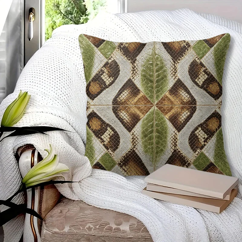 1Pc 45x45cm Polyester Throw Pillow,Machine Washable,Durable,Brown and Beige Snake Scale Diamond Pattern,Living Room Sofa Decor