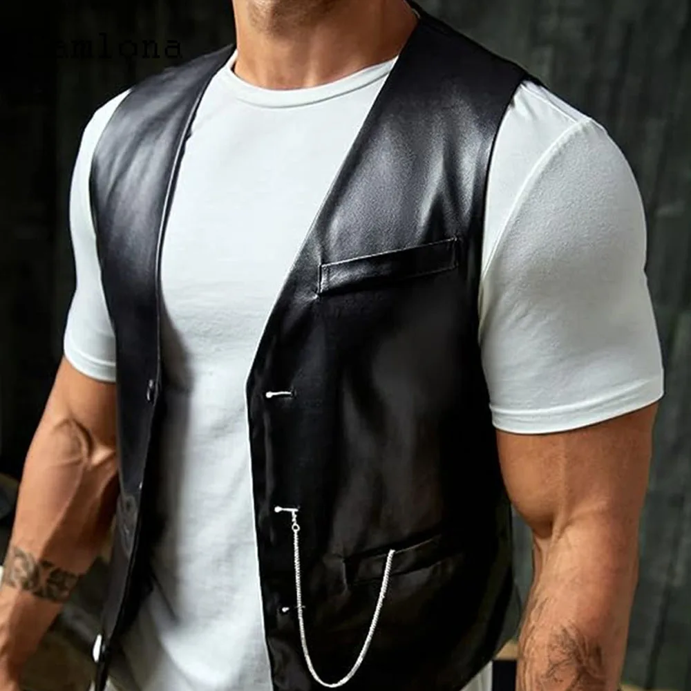 Samlona 2024 Men Vintage Pu Leather Tank Tops Men's Sleeveless Stand Pockets Outerwear Punk Style Fashion Short Basic Vest New