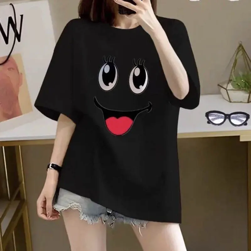 Women's Clothing Elegant Sweet Expression Print T-shirt Summer Casual Summer New Short Sleeve T-shirt Cute Playful Short Sleeves