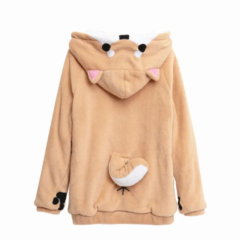 Harajuku Shiba Inu Doge Kawaii Women Hoodies Sweatshirts with Ears Hooded Plush Husky Coat Cartoon Warm Winter Tops