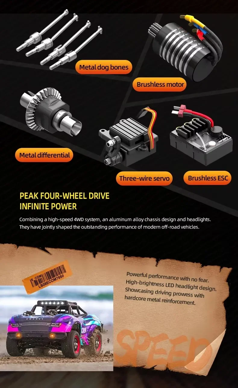 80KM/H Brushless High Speed Off-Road Vehicle Climbing RC Racing Car 1:18 Electric Remote Control Truck with LED Metal RC Car Toy