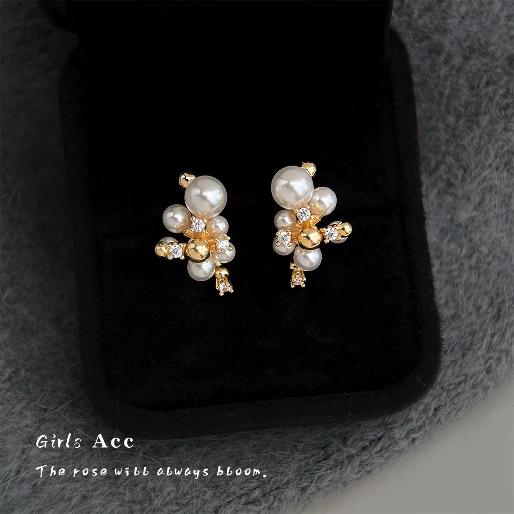 

Chic Zircon Pearl Cluster Earrings French Style Fashion Commute Jewelry Luxury Minimalist Elegant Chanel Earrings for Women