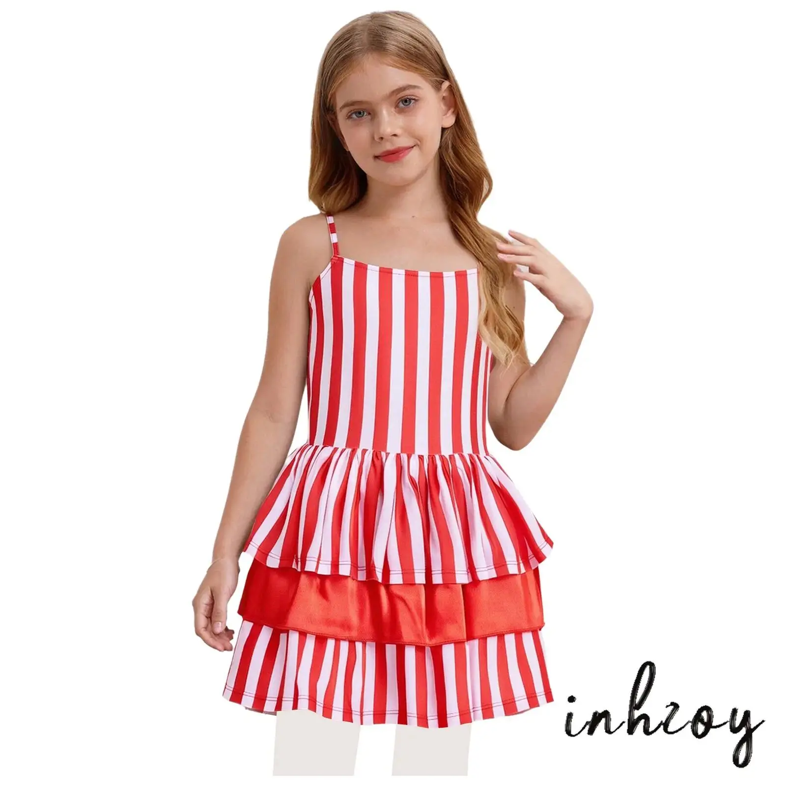 

Girl Clown Striped Cosplay Costume Dress Waist Bow Layered Ruffle Hem Built-In Briefs Skirt for Halloween Joker Role Play
