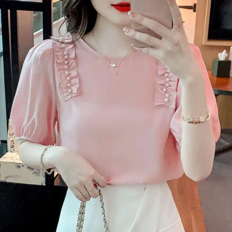 

Summer Chiffon irt Women's Dry orts Sweet Sle ort Sve Pure Color Regular Length Polyester Fiber Casual Wear