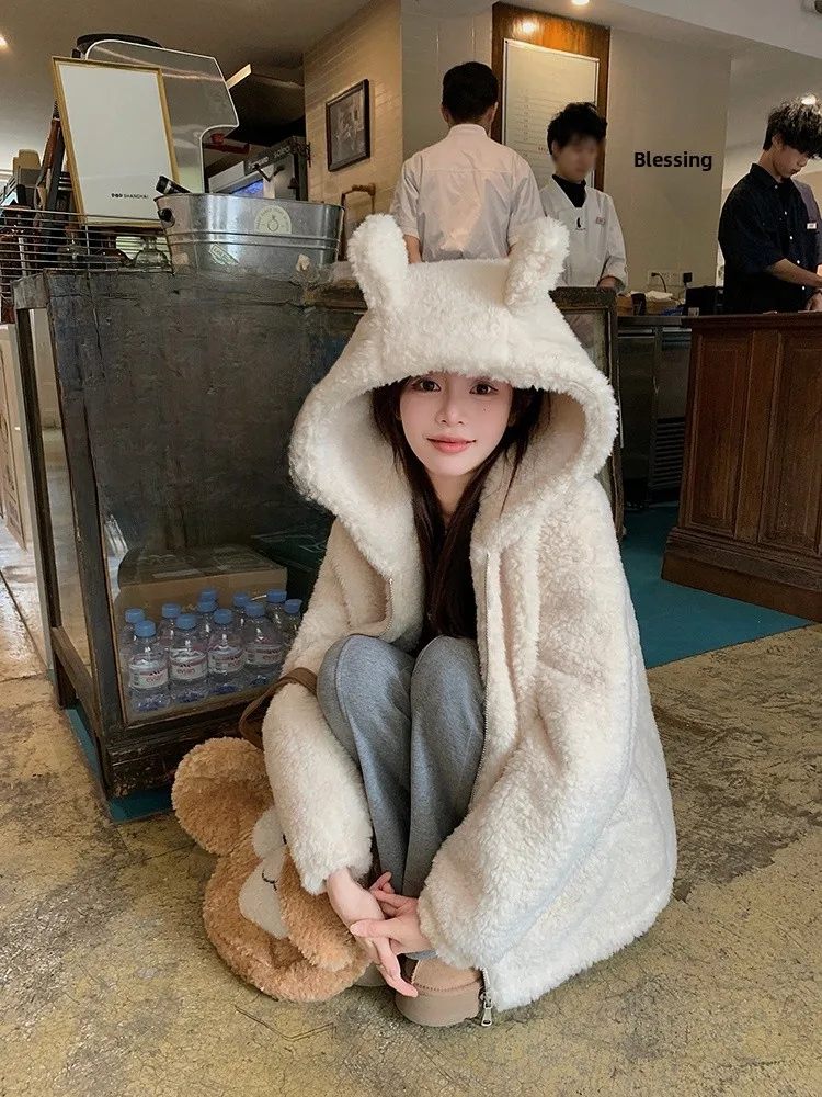 

Chen Dauyu Bear Ear Свободный капюшон Lamb Velvet Женская зимняя теплая пушистая куртка маленького размера Jaet Commute Sle Zipper ket