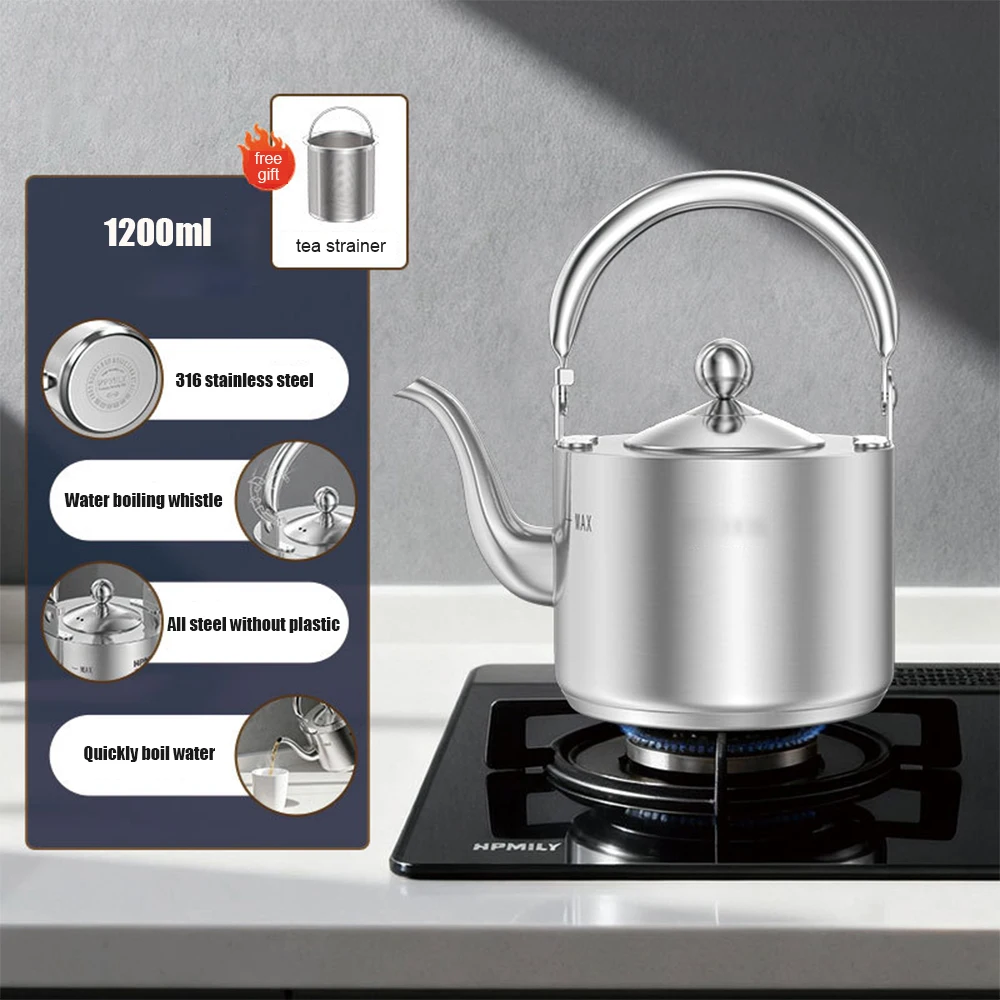 316 Stainless Steel Whistle Kettle, All Steel Teakettle with Tea Strainer, Home Restaurant Stainless Steel Teapot, 1.5L 2