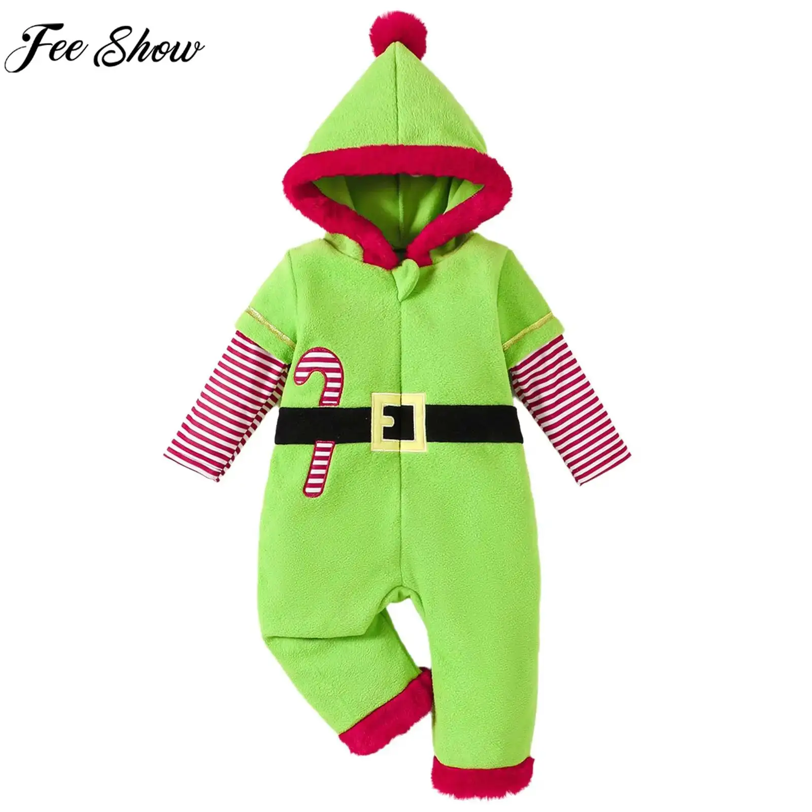 

Детский Рождественский костюм Санта-Клауса и эльфа для косплея, комбинезон с длинными рукавами в полоску и вышивкой, комбинезон с капюшоном для рождественской вечеринки, комбинезоны для фотосъемки