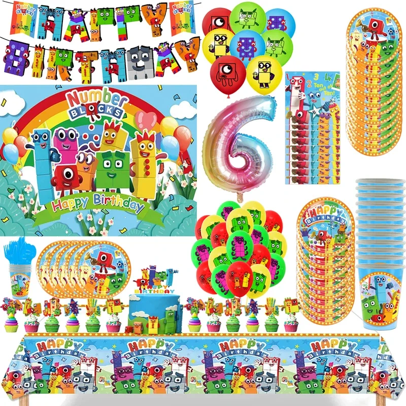 Number Building Blocksed Birthday Party Decoration Tableware Latex Balloon Backdrop Cake Topper Party Supplies Numberblocked Toy