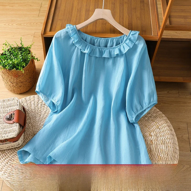 

Blue Cotton Linen round Neck Short Sleeve Shirt Women's Fashion Summer New Style Loose Fit Gored Lantern Sleeve Top