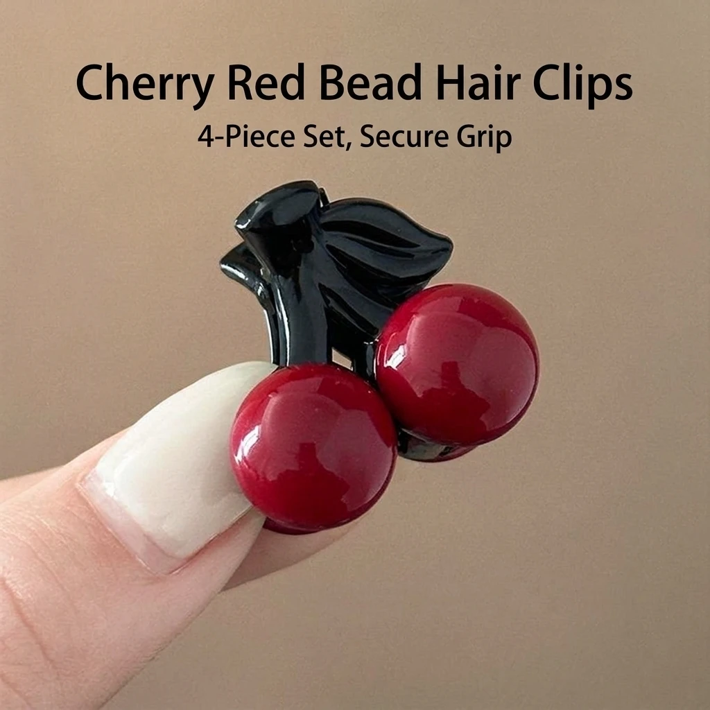 4Pcs Hair Clips Alloy Resin Material for Daily Wear Cute Cherry Red Bead Hair Claws Sweet Style Girls Accessories Durable
