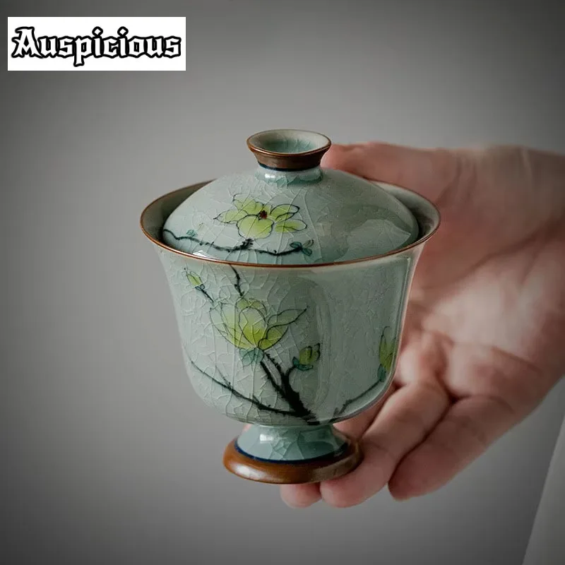 

130 мл Boutique Crackle Glaze Керамическая чайная варенья Чистая ручная роспись Magnolia Art Чайная чашка с высокой ножкой Чайная посуда Gaiwan Kung Fu