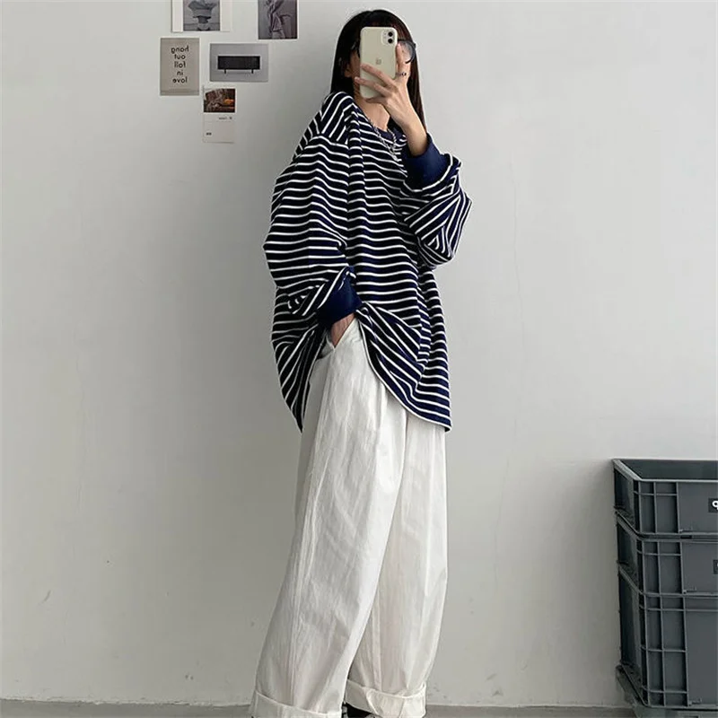 Basic T-shirts Women Striped Top All-match Stylish Daily Lazy Simple Spring Autumn Long Sleeve Tees Korean Style New Sweatshirt