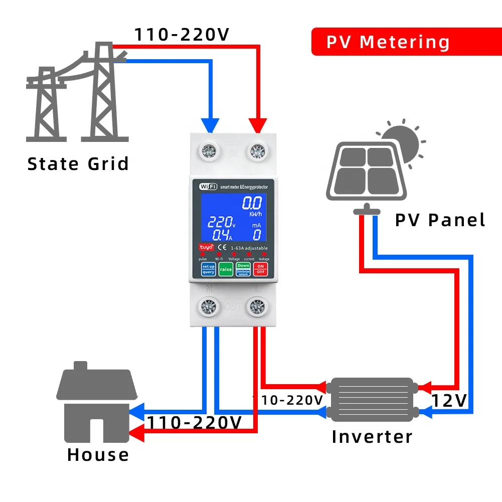 RMshebei Tuya Smart Home Switch 63A 2P MCB Circuit Breaker WiFi PV Metering 220V Voltage Protector Remote Control Din Metering