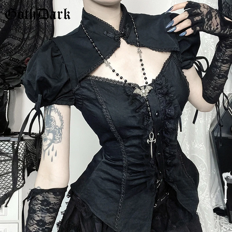 

Goth Dark Techwear Black Blouse Sexy Hollow Out Drawstring Slim Shirt E-girl Lace Splice Alt Tops Mall Gothic Women Cute Shirts