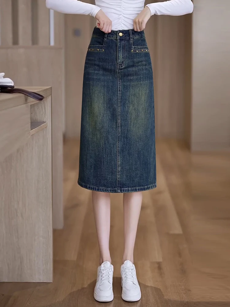 

Retro High Waist Straight Leg Denim Skirt Women's Spring Autumn New Style Wrap Body Mid-Length A-Line One-Step Skirt