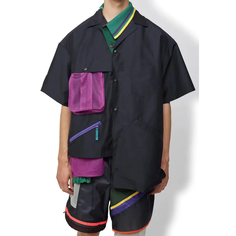 

New Arrival 23SS KOLOR Abe Double Color Irregular Collar Mesh Color Blocked Short Sleeve Shirt for Men