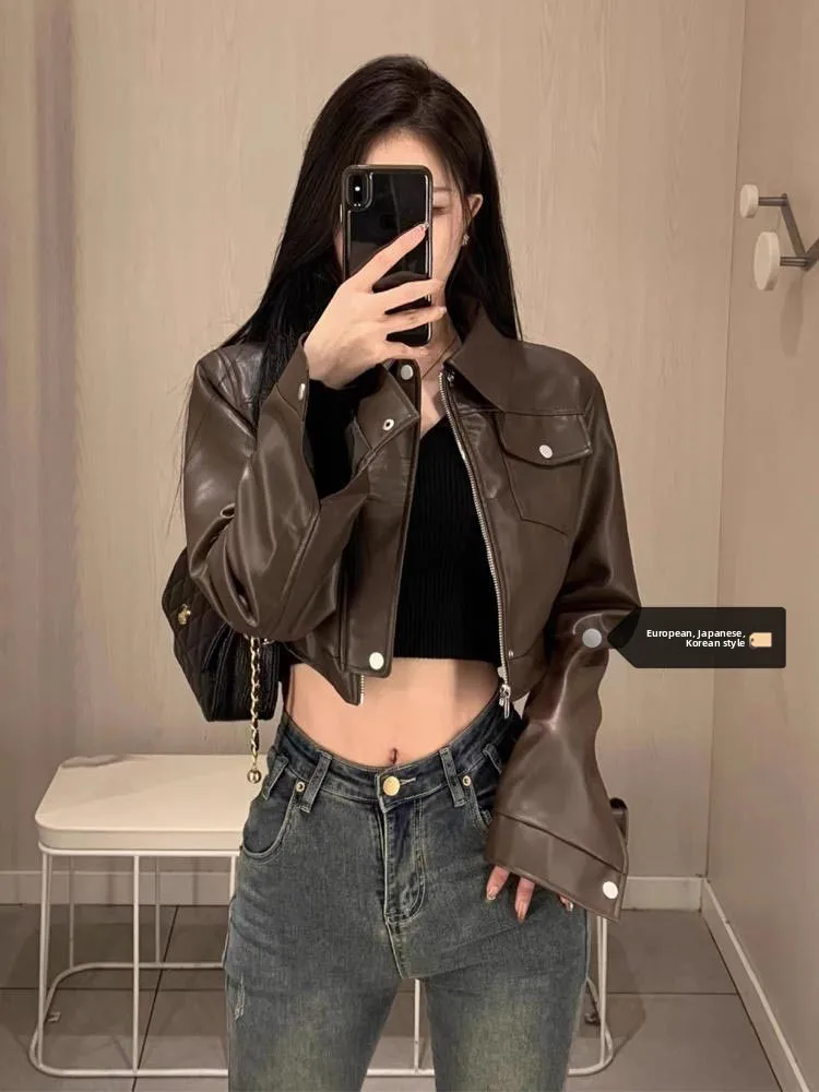 Hochgeschnittene Kunstlederjacke für Damen Modische Bikerjacke Trendige Streetwear Herbst Winter Neuerscheinung