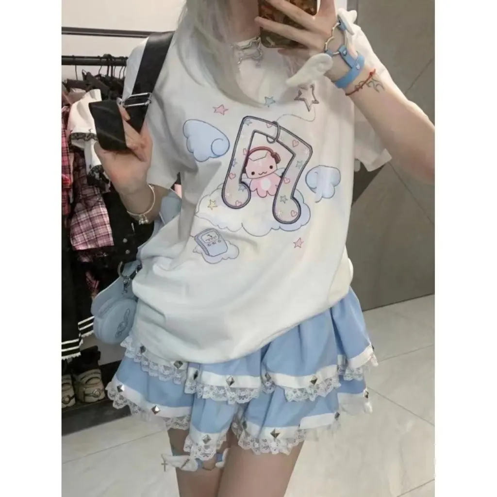 

Asian Culture Harajuku Y2K Rivet Skirt for Hot Girl Rock Lace Cake Style Millennium Trendy Fluffy Half Skirt Women's Fashion