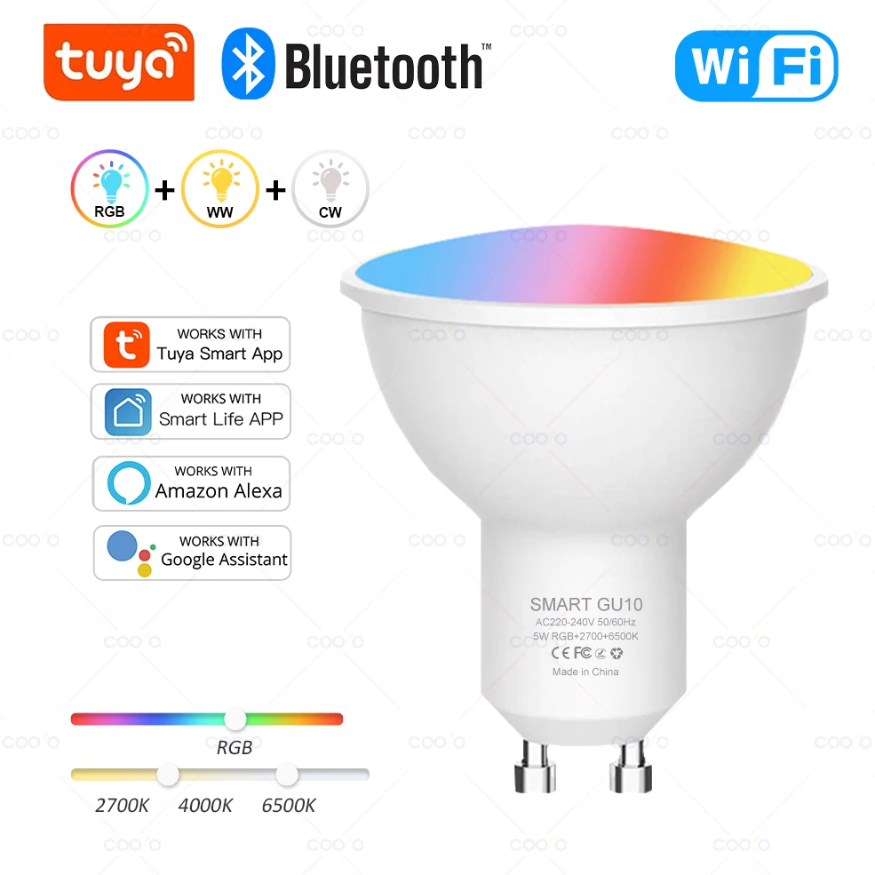 투야 와이파이 스마트 LED 전구, 블루투스 GU10, 조도 조절 램프, 스마트 라이프 앱 제어 스포트라이트 전구, 알렉사 구글과 작동 투야 와이파이 스마트 LED 전구, 블루투스 GU10, 조도 조절 램프, 스마트 라이프 앱 제어 스포트라이트 전구, 알렉사 구글과 작동