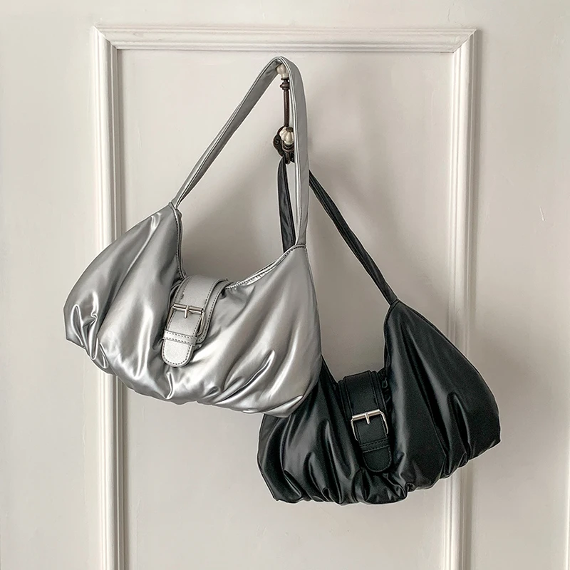 

Niche Soft Leather Cute Girls Bags Ruched Underarm Bags Pure Color Casual High Capacity Half Moon Handbags with Belt Buckle Hasp