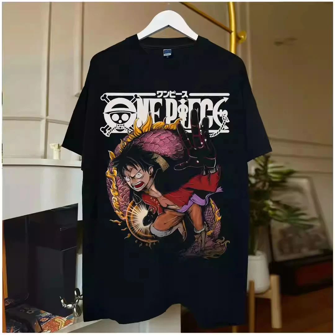 

ONE PIECE Luffy Short-sleeved T-shirt Heavy Pure Cotton Printing Loose Retro American Street Men and Women The Same Ins
