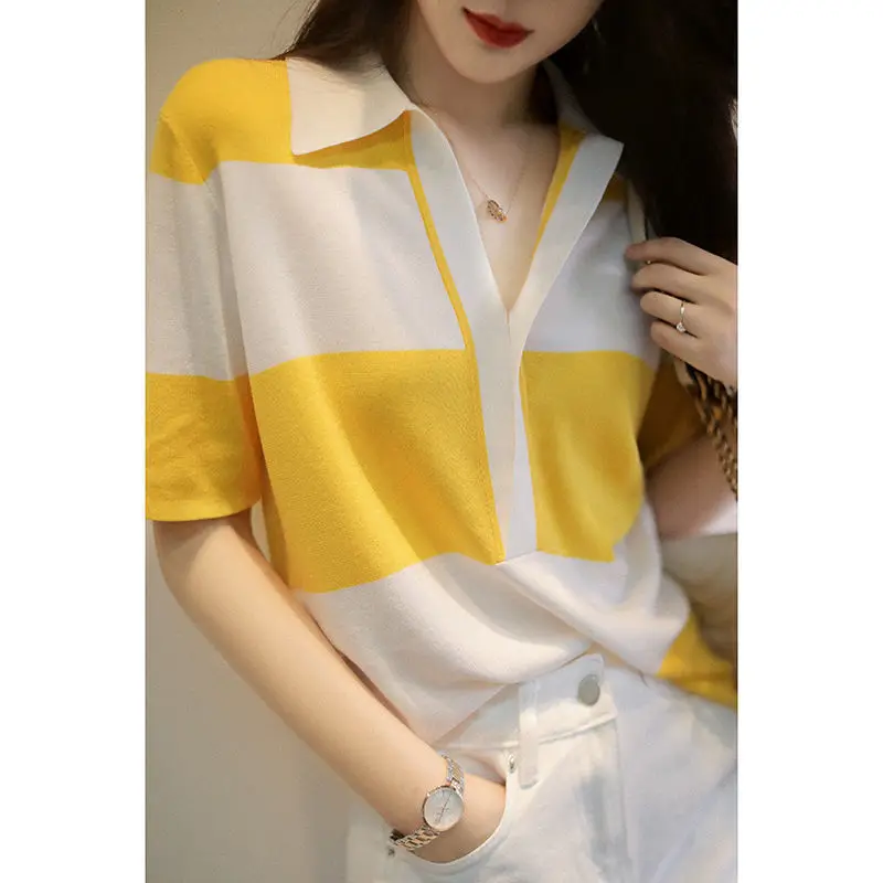 Fashion Lapel 2022 Summer New Spliced Oversized Blouse Short Sleeve Commute Pullovers Loose Casual Women\'s Clothing Shirt