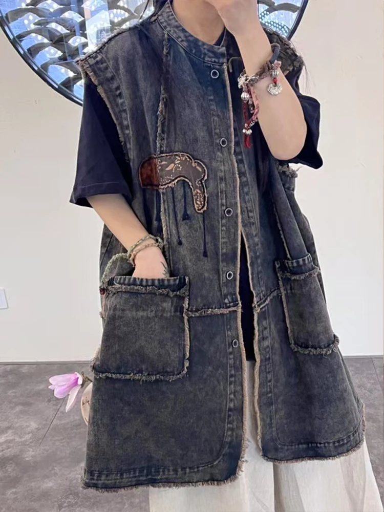 AmaxluluE Zomer Vintage Mouwloze Jassen Damesmode Lange Denim Vest Vrouwtjes Losse Patchwork Vesten Vrije tijd Streetwear