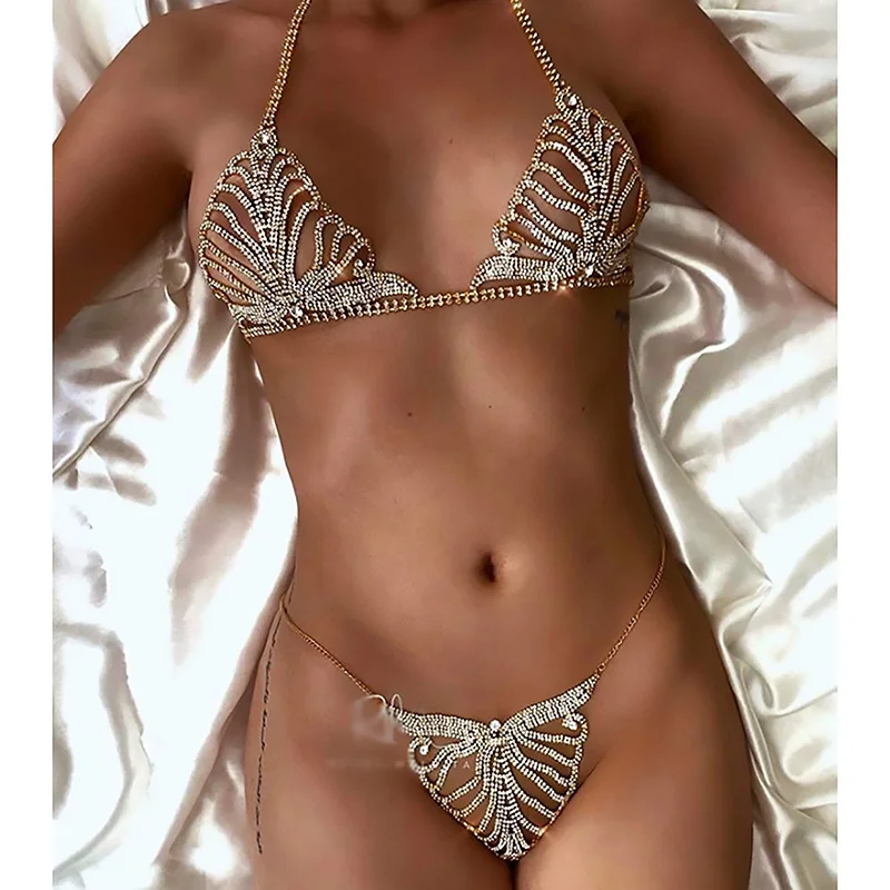 

Diamond Lingerie Body Chain Sexy Nightclub Rhinestone Chain Bra Thong Set Decorations