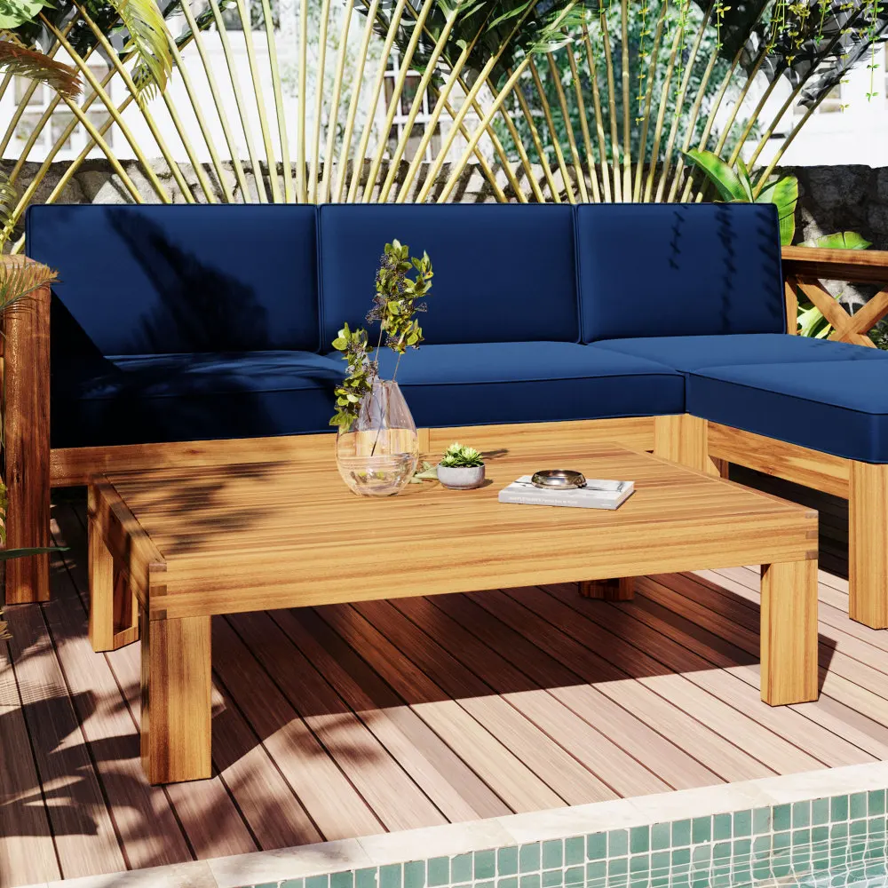 

Outdoor Backyard Patio Wood 5-Piece Sectional Sofa Seating Group Set with Cushions,for Backyard,Poolside,Garden,Natural+ Blue