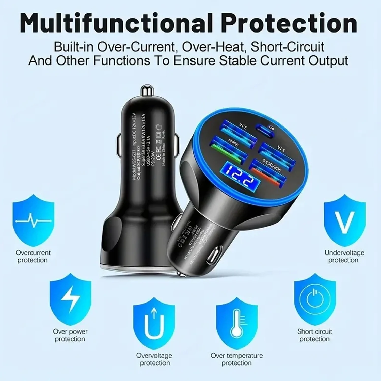 5 Ports USB Car Charger Fast Charging Type C USB Phone Adapter in Car For iPhone 16 15 14 13 Xiaomi Huawei Samsung Quick Charger