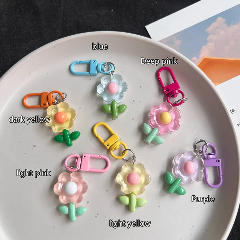 Colored Flowers Key Chain Transparent Flowers Pendant Key Ring Backpack Charms Car Decoration Bag Accessories