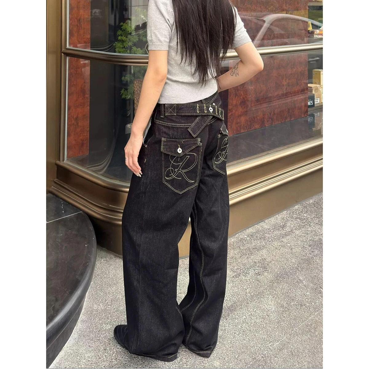Paris Buckle Embroidered Denim Jeans Women's Straight Leg Original Blue Cleanfit Casual Pants mid Waist Zipper Fly