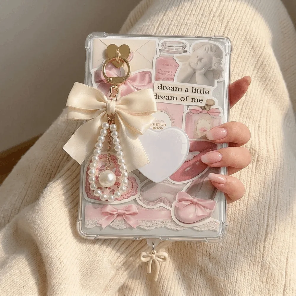 1 Set New Large Bow Tablet Charm Heart Shaped Pearl Chain Phone Pendant Trendy Holder Set Gift