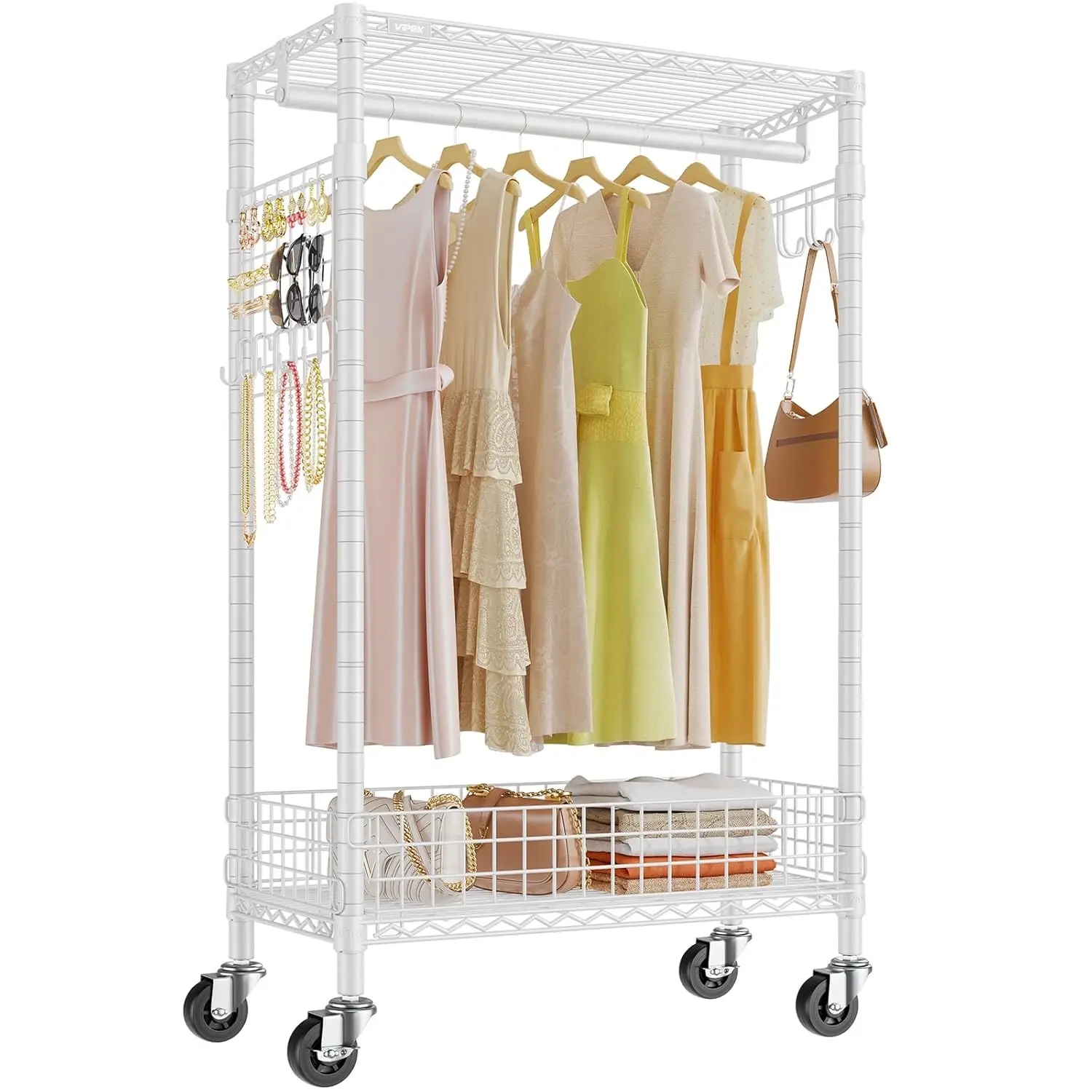 

Вешалка для одежды на колесиках R1 с органайзером из перфорированной доски Портативный шкаф для подвешивания одежды с запираемыми колесами и съемной корзиной, Com