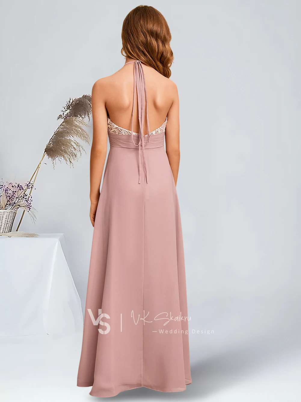 Elegant A-Line Halter Floor-Length Chiffon Lace Junior Bridesmaid Dresses Dusty Rose Gorgeous Flower Girl Dresses Party Wedding