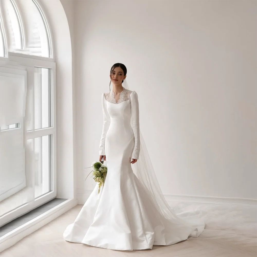 White Satin Wedding Dress for Women Customized Long Sleeve Mermaid Bridal Gown Fitted Bodice Flared Train Elegant Bride Dress