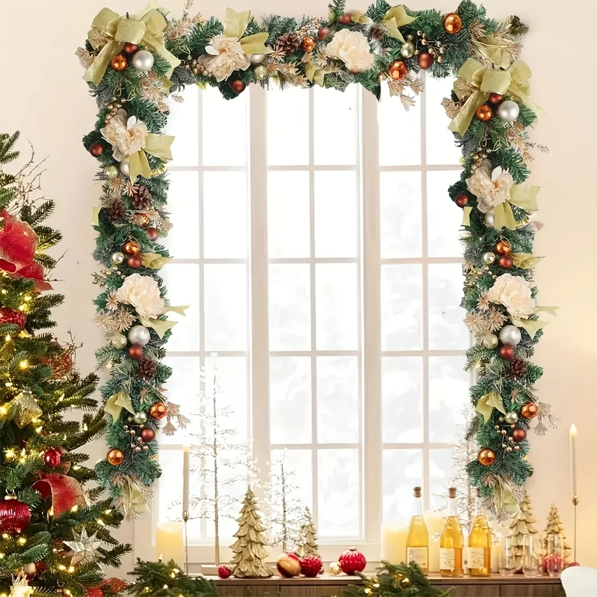 5.9-Foot Wreath, Artificial Vine Decoration, Champagne, Pine Cones, Ribbons, Used For Indoor And Outdoor Christmas Snow, Front