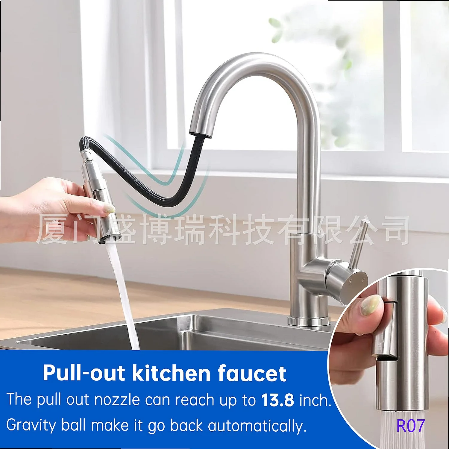 304 Stainless Steel Pull Out Kitchen Faucet Cold Hot Water Swivel Spray