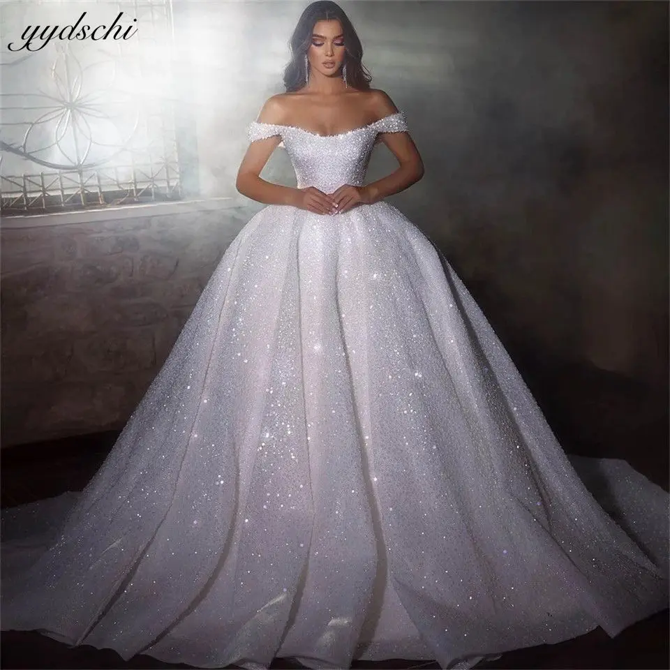 

Luxury Boat Neck Ball Gown Exquisite Lace Up Shiny Wedding Dresses 2024 Sequined Glitter Beaded Sleeveless Bridal Gowns