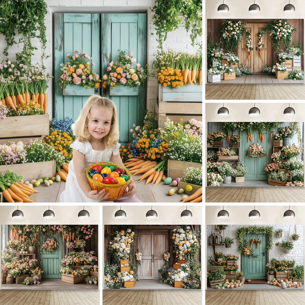 Spring Easter Carrot Background Bunny Colorful Eggs Wooden Board Wall Flower Plant Child Birthday Background Photo Booth Props