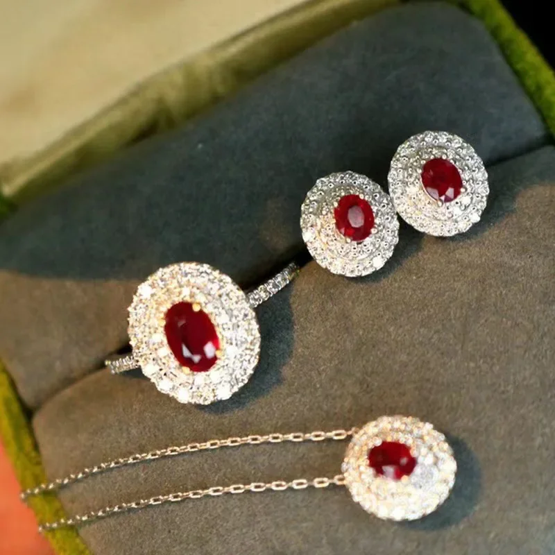 

Luxury 925 Sterling Silver Red Ruby Oval Gemstone Rings Earrings Necklace Jewelry Sets for Women Wedding Bridal