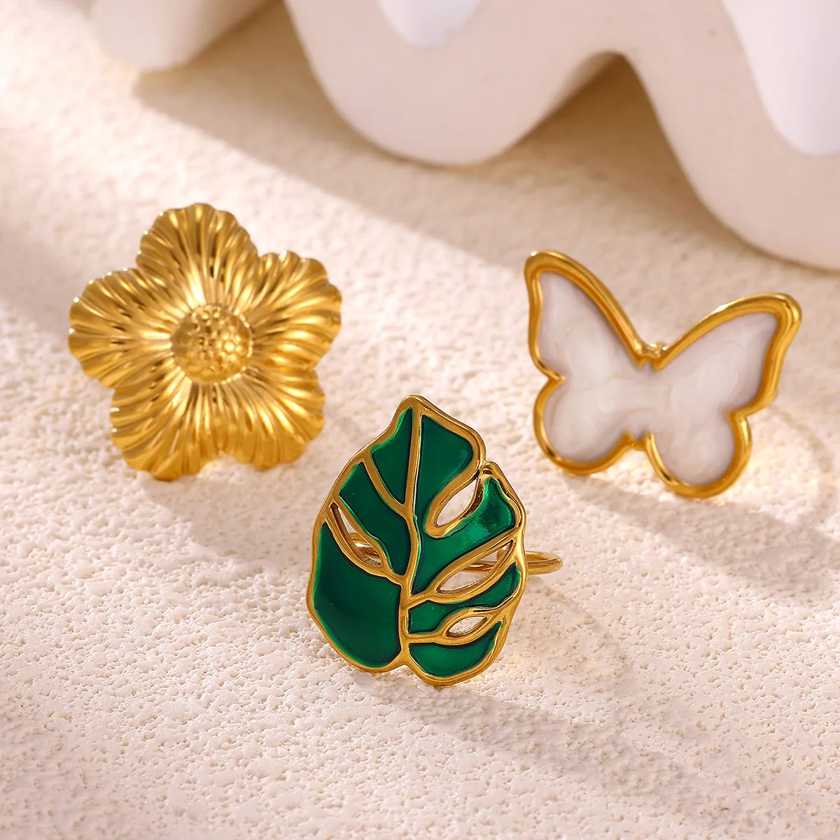 Stainless Steel Drip Oil Leaf Butterfly Open Ring for Woman Gold Color Flower Open Rings Fashion Aesthetic Jewelry Gift
