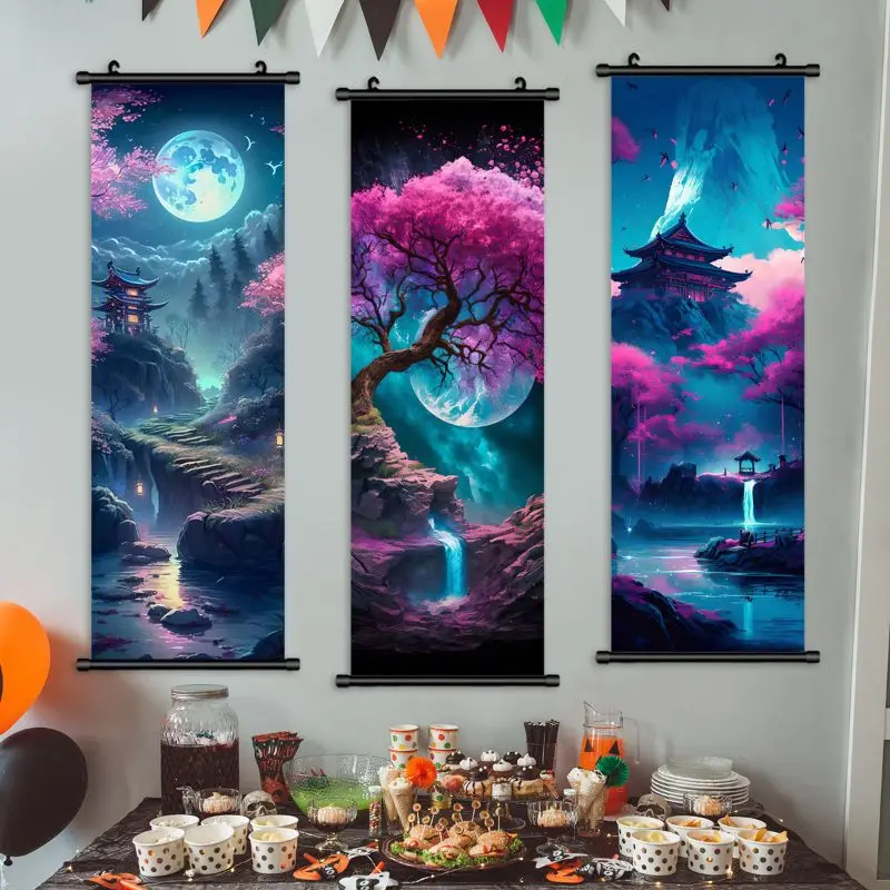 VIKAMA Purple Moon Sakura Wall Tapestry Pagoda Waterfall Neon Dreamy Scroll Art Home Decor Unique Gift Soft Durable Cozy Indoor