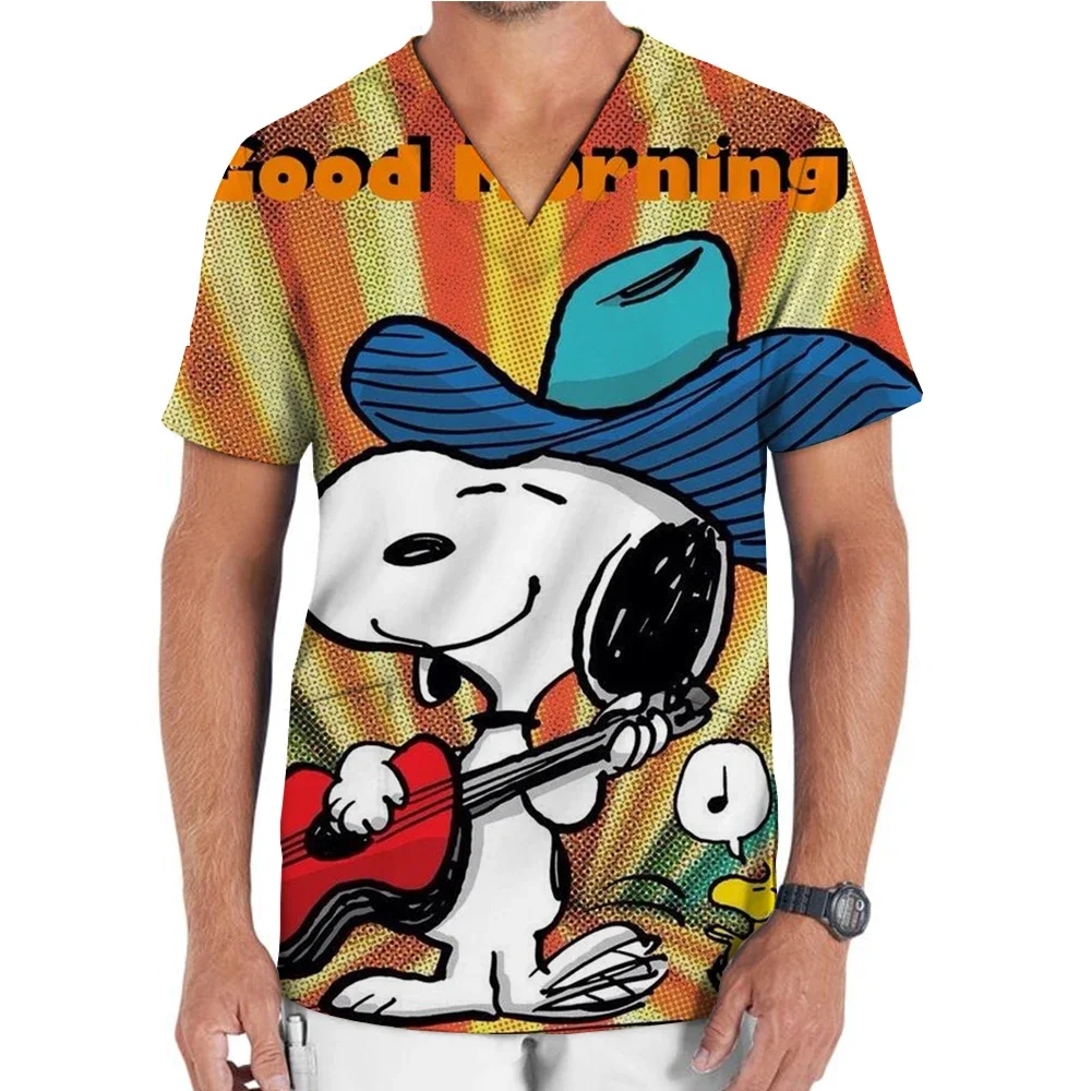 Snoopy T-shirt frosted top men's short sleeved V-neck nurse uniform work uniform men's T-shirt uniform top men's clothing