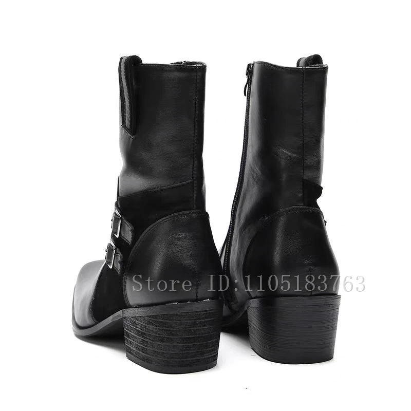 Suqre 발가락 블랙 소가죽 남성 비즈니스 부츠 벨트 버클 리벳 두꺼운 굽 발목 부츠 남성 파티 정장 구두