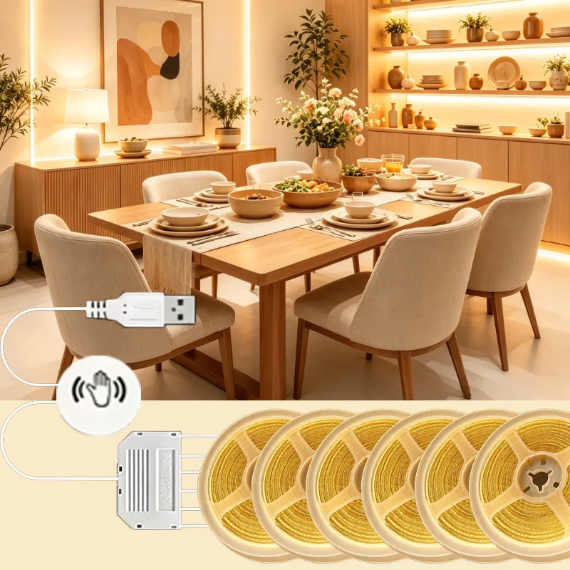 1m/2m/3mOptional COB LED Strip Light,5V USB Warm White with Dimmable Penetrable Touch Sensor,8mm Width Dotless Cuttable LED Tape