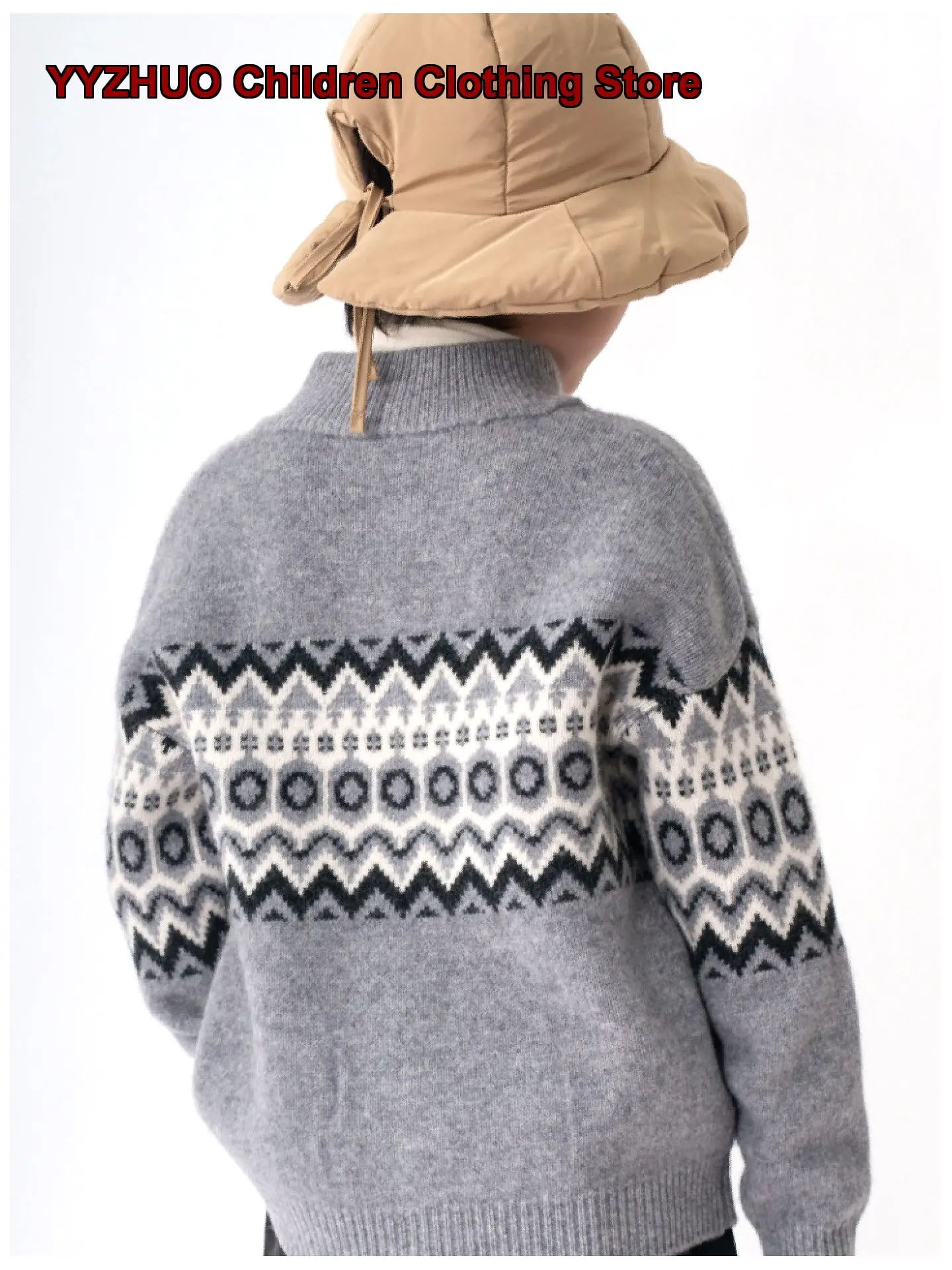 Boys Mock Neck Zip Up Cardigan Fair Isle Sweater Kids High Neck