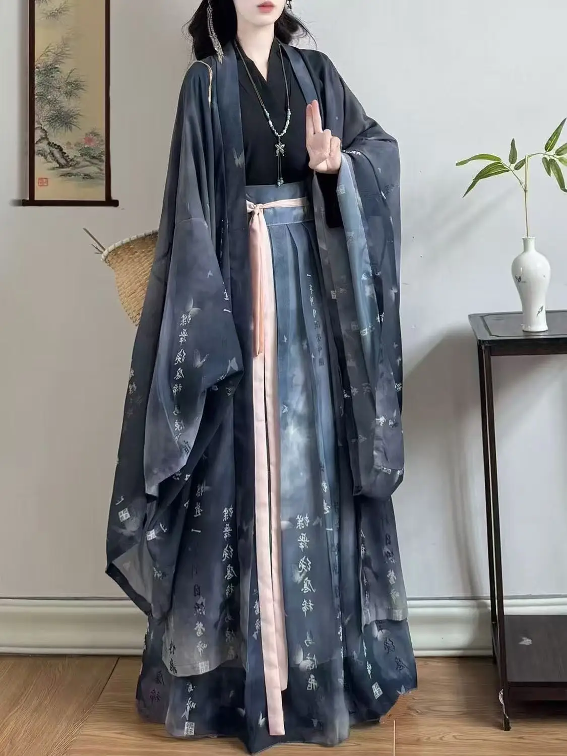 ชุดฮั่นฝูแบบดั้งเดิมสำหรับผู้หญิง ชุดประจำยุคเหว่ยจิ้น ผ้าชีฟองสวมใส่สบาย เสื้อแขนยาวพร้อมกระโปรง ชุดเต้นรำบนเวที